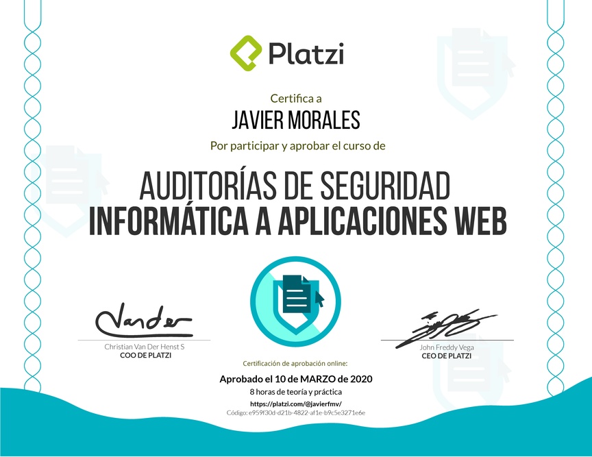 Diploma del Curso de Auditorías de Seguridad Informática a Aplicaciones Web 2017