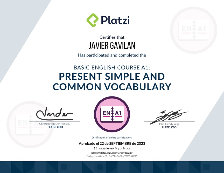 Diploma del Curso de Inglés Básico A1: Presente Simple y Vocabulario Común (2021)