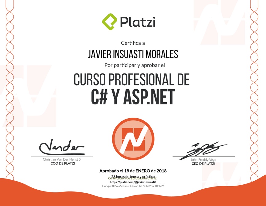 Diploma del Curso Profesional de C# y ASP.Net 2016