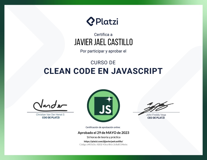 Diploma del Curso de Clean Code y Buenas Prácticas con JavaScript