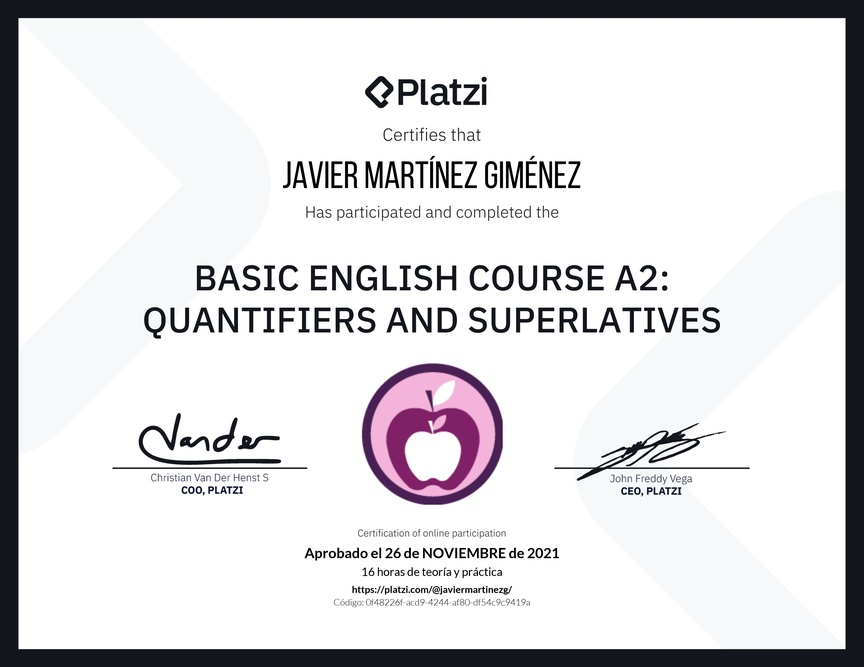 Diploma del Curso de Inglés Básico A2: Cuantificadores y Superlativos