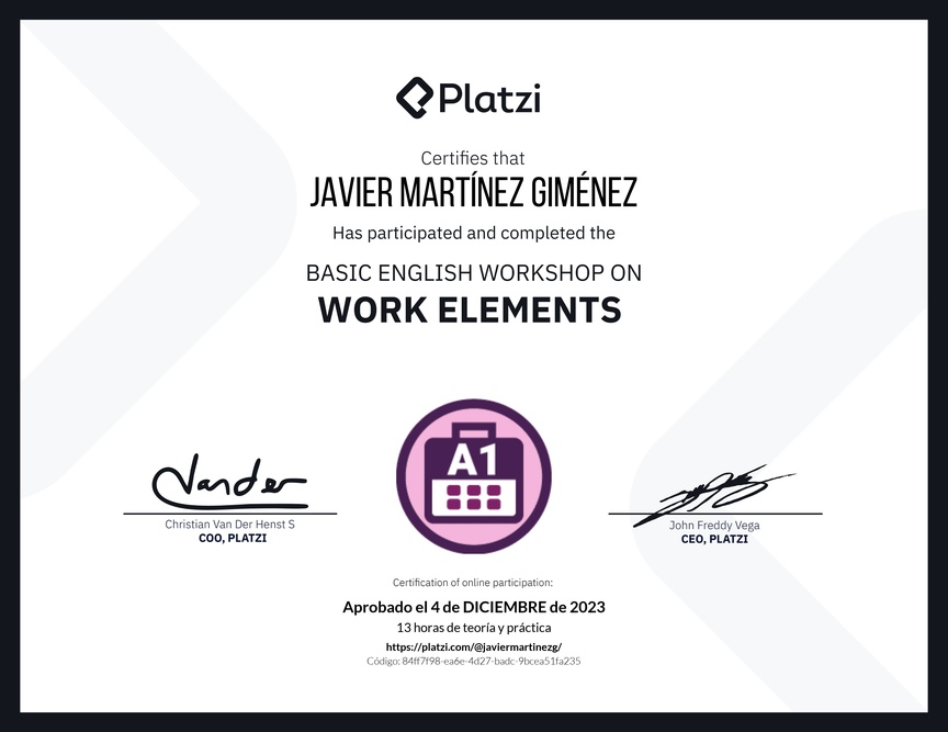 Diploma del Curso de Inglés Práctico sobre Elementos de Trabajo
