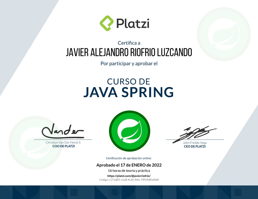 Diploma del Curso de Java Spring
