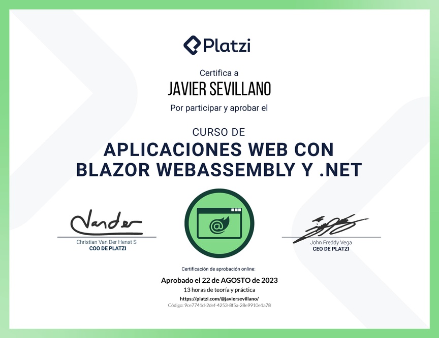 Diploma del Curso de Aplicaciones Web con Blazor WebAssembly y .NET