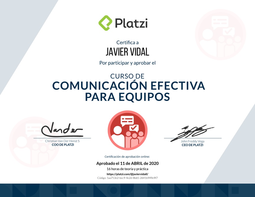 Diploma del Curso de Comunicación Efectiva para Equipos 2018