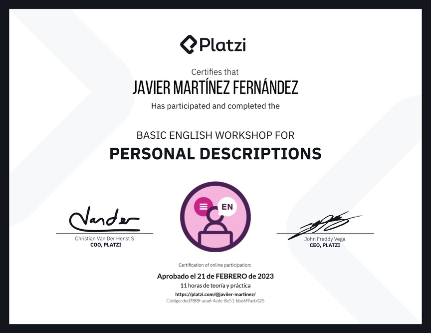 Diploma del Curso de Inglés Práctico para Descripciones Personales (2020=