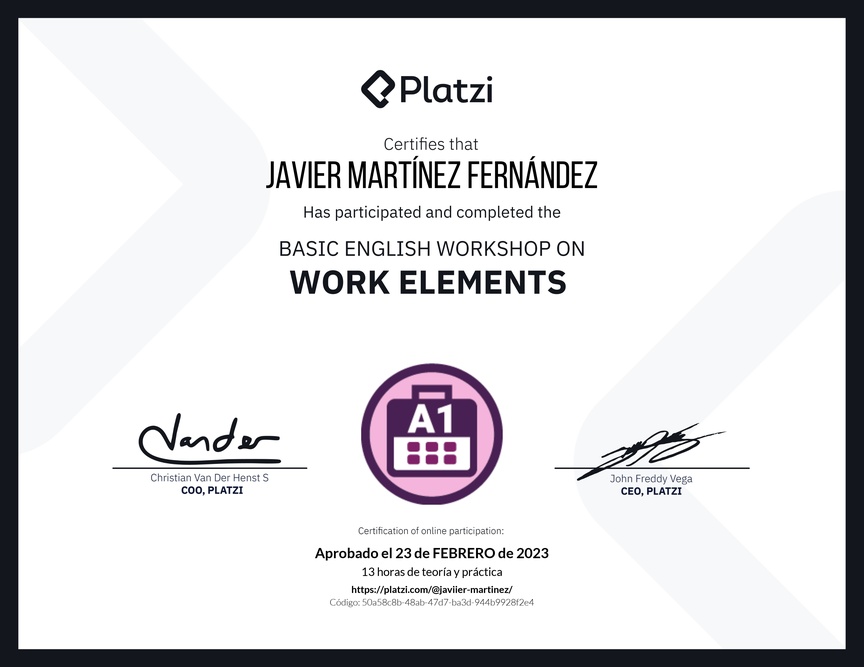 Diploma del Curso de Inglés Práctico sobre Elementos de Trabajo
