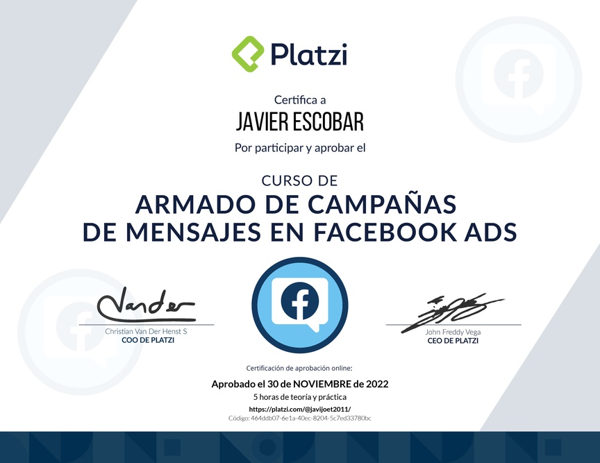 Diploma del Curso de Campañas de Mensaje en Facebook Ads