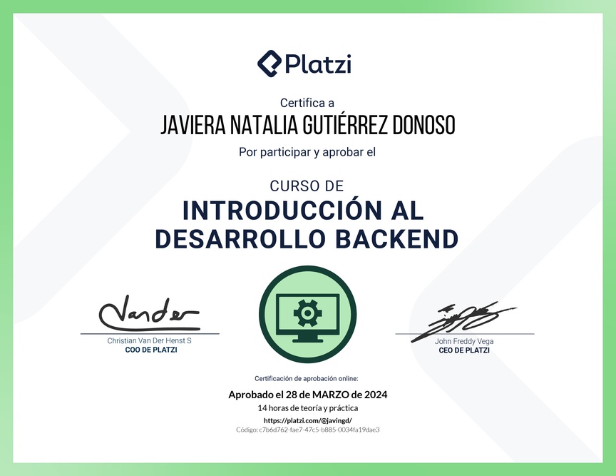 Diploma del Curso de Introducción al Desarrollo Backend