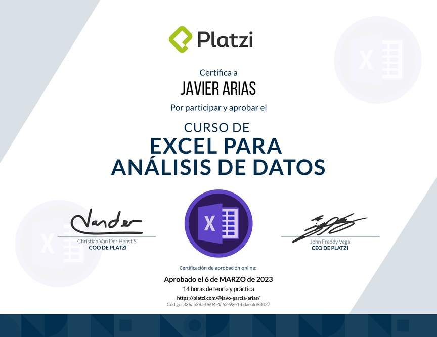 Diploma del Curso de Excel para el Análisis de Datos