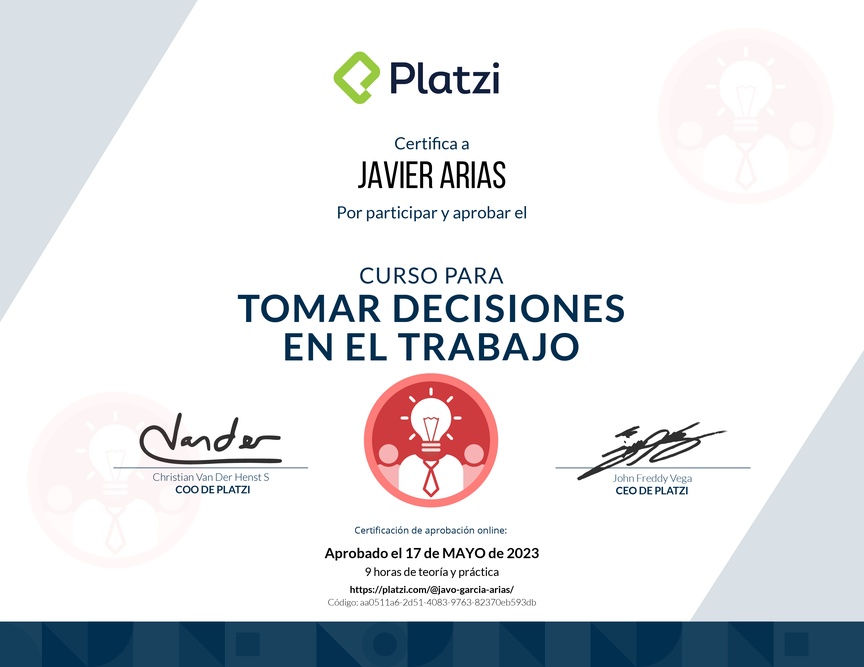 Diploma del Curso para Tomar Decisiones en el Trabajo
