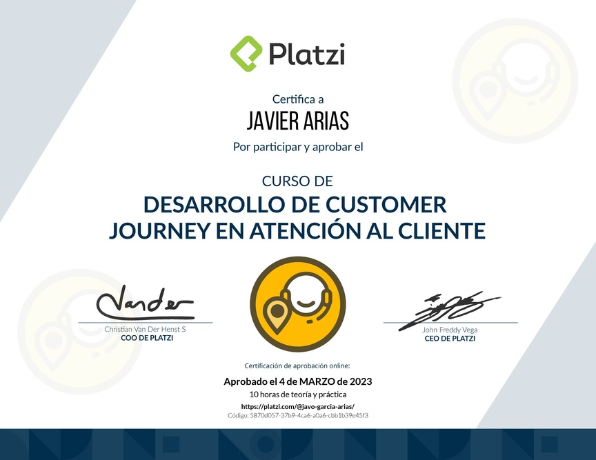 Diploma del Curso de Desarrollo de Customer Journey en Atención al Cliente