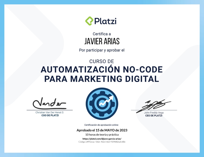 Diploma del Curso para Crear Automatizaciones No-Code para Marketing Digital