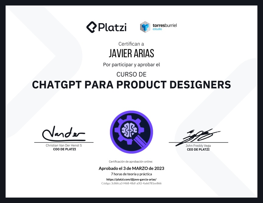 Diploma del Curso de ChatGPT para Product Designers: Diseño asistido por AI