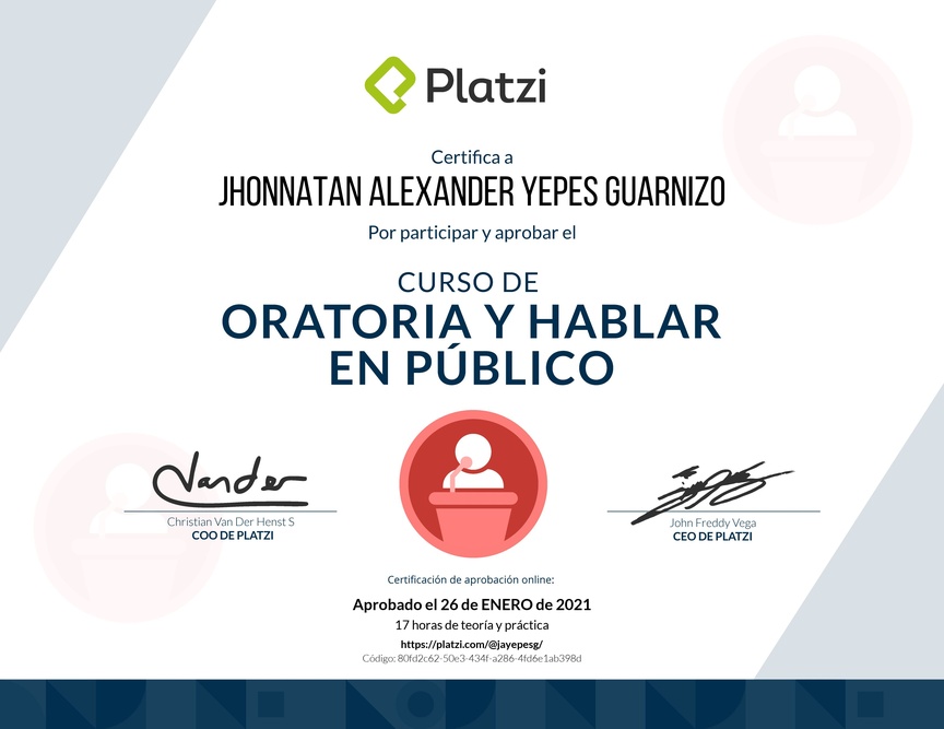 Diploma del Curso de Oratoria para Hablar en Público