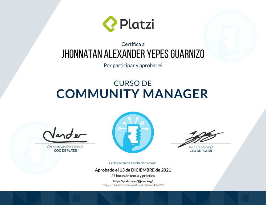 Diploma del Curso de Community Manager (2018)