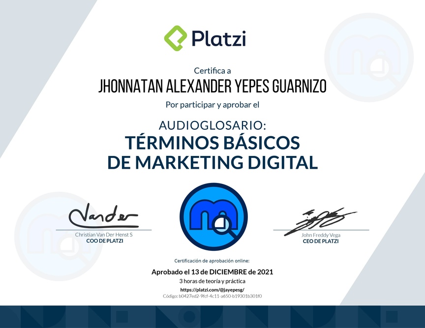 Diploma de Audioglosario Términos Básicos de Marketing Digital