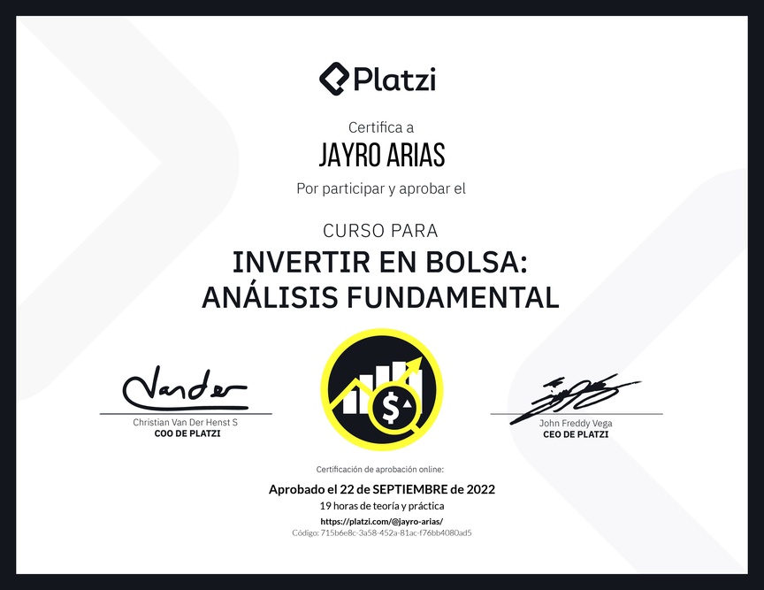 Diploma del Curso para Invertir en Bolsa: Análisis Fundamental