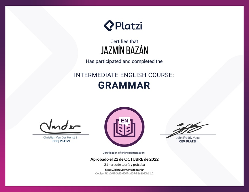 Diploma del Curso Intermedio de Gramática en Inglés (2020)
