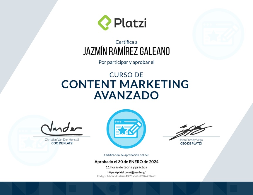 Diploma del Curso de Desarrollo de Estrategias de Content Marketing