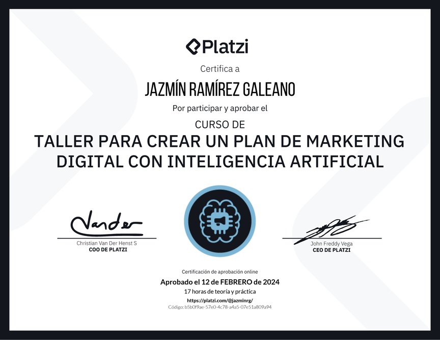 Diploma de Taller para Crear un Plan de Marketing Digital con Inteligencia Artificial