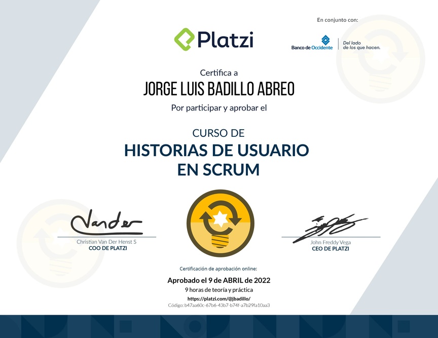 Diploma del Curso de Historias de Usuario en Scrum