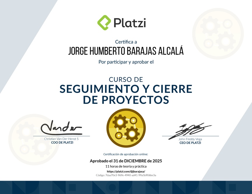 Diploma del Curso de Seguimiento y Cierre de Proyectos