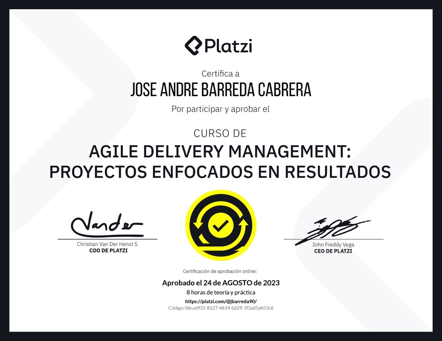 Diploma del Curso de Agile Delivery Management: Proyectos Enfocados en Resultados