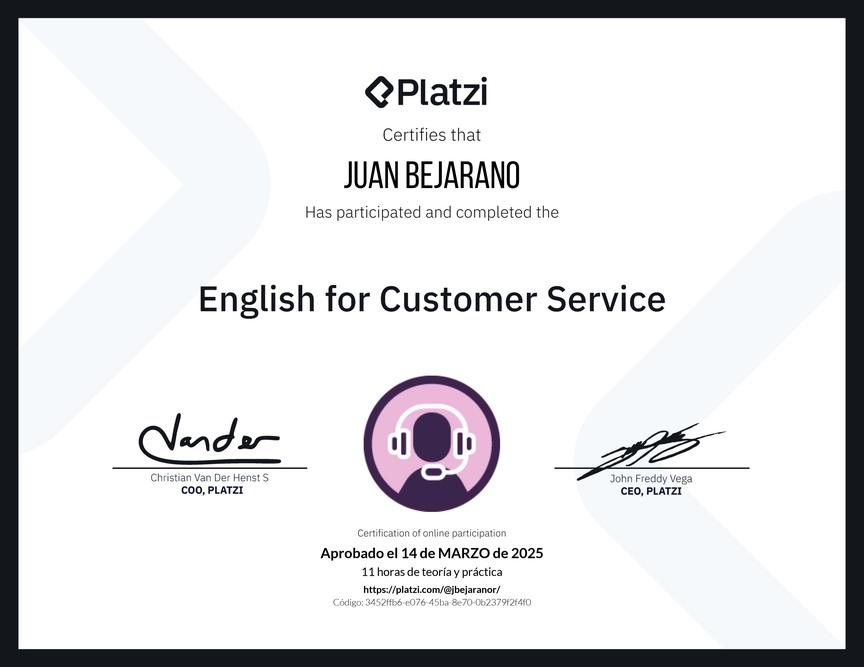 Diploma del Curso de Inglés para Servicio al Cliente