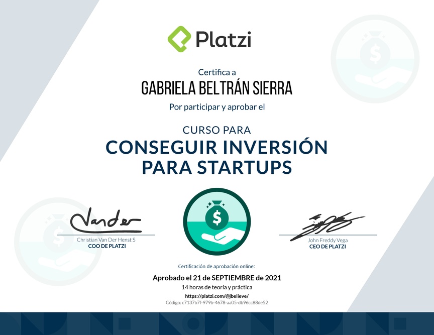 Diploma del Curso para Conseguir Inversión para Startups en Etapa Temprana