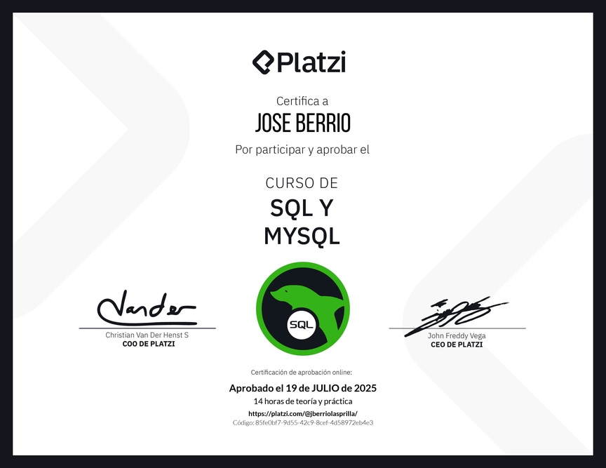 Diploma del Curso de SQL y MySQL