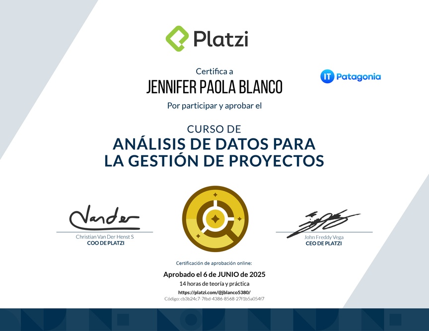 Diploma del Curso de Análisis de Datos para la Gestión de Proyectos