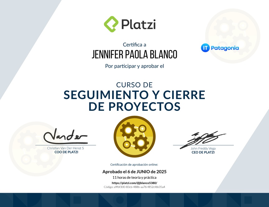 Diploma del Curso de Seguimiento y Cierre de Proyectos