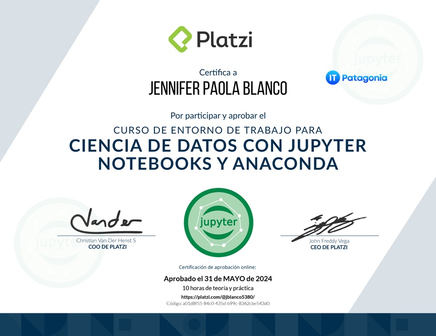 Diploma del Curso de Entorno de Trabajo para Ciencia de Datos con Jupyter Notebooks y Anaconda