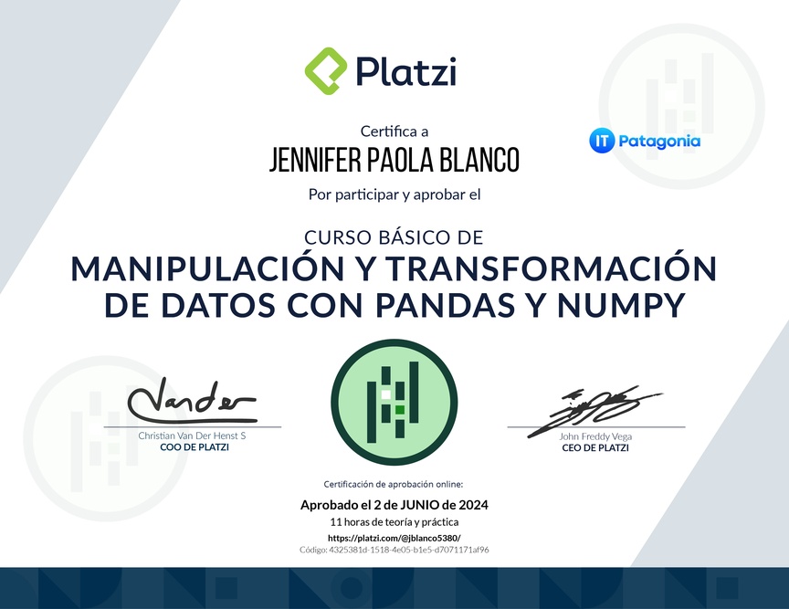 Diploma del Curso de Manipulación y Transformación de Datos con Pandas y NumPy
