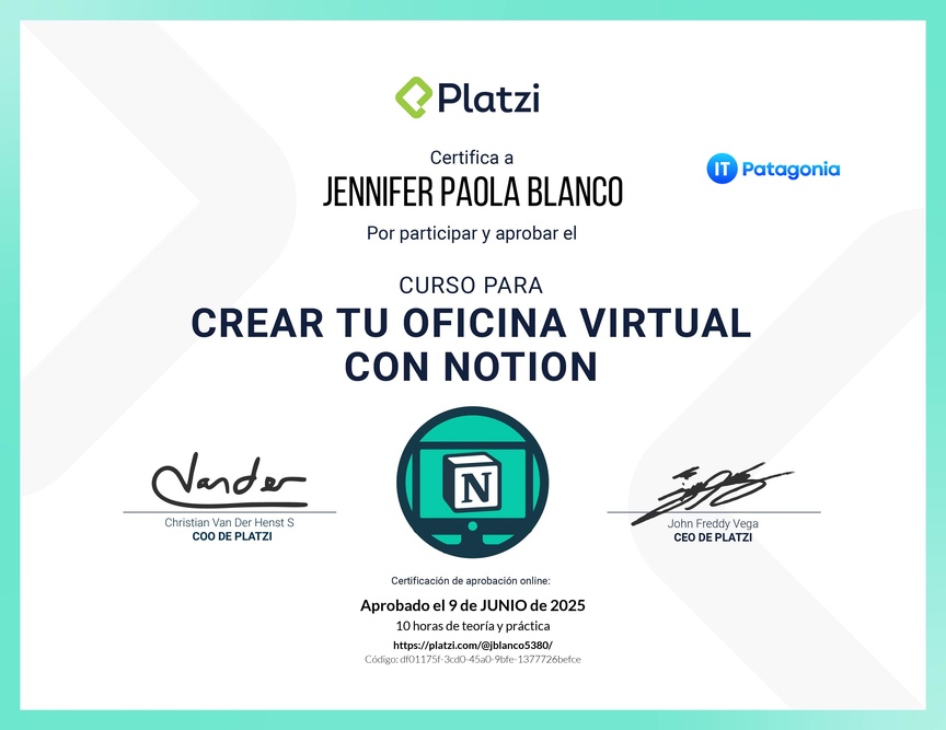Diploma del Curso para Crear tu Oficina Virtual con Notion