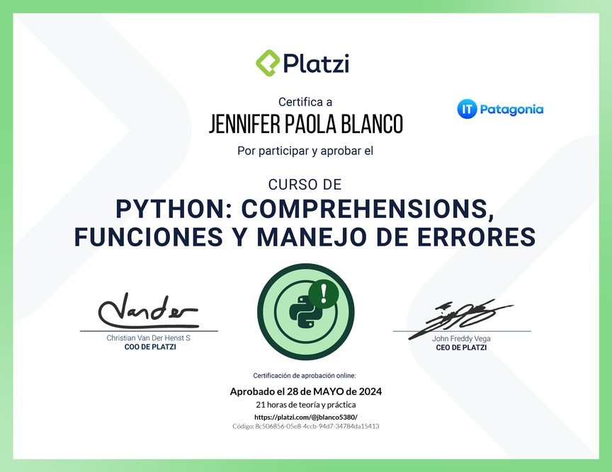 Diploma del Curso de Python: Comprehensions, Funciones y Manejo de Errores