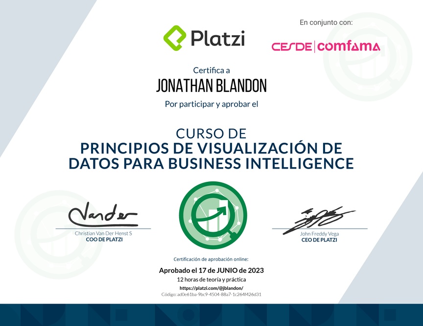 Diploma del Curso de Principios de Visualización de Datos para Business Intelligence (2021)