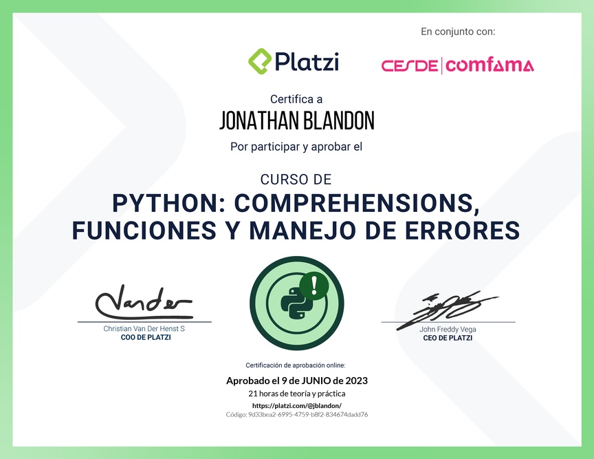 Diploma del Curso de Python: Comprehensions, Funciones y Manejo de Errores