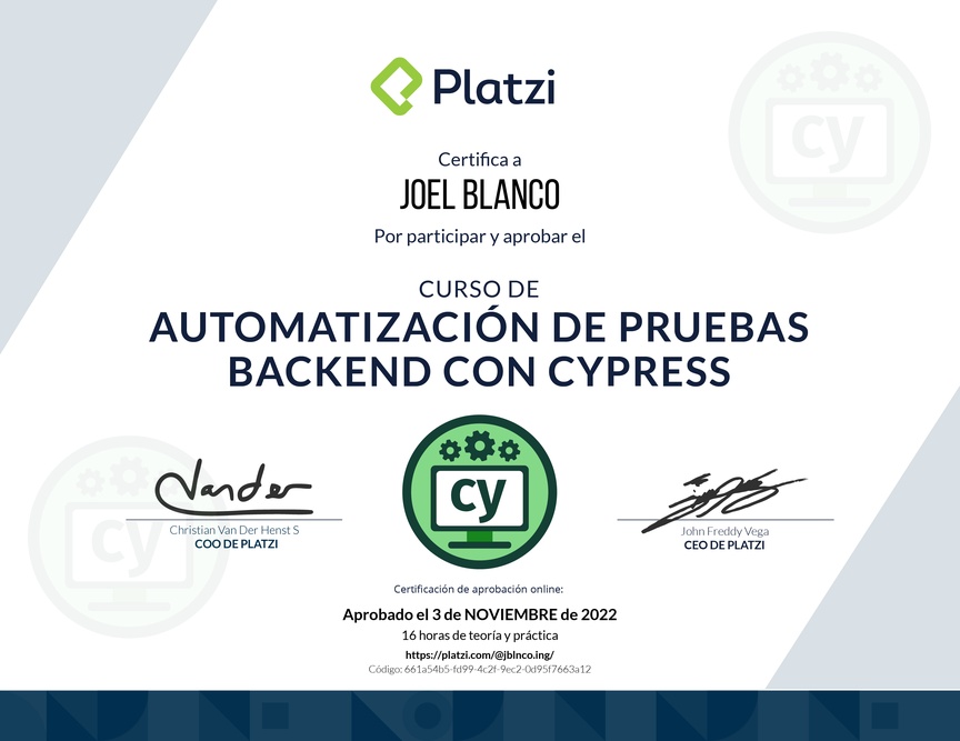 Diploma del Curso de Automatización de Pruebas de Backend con Cypress