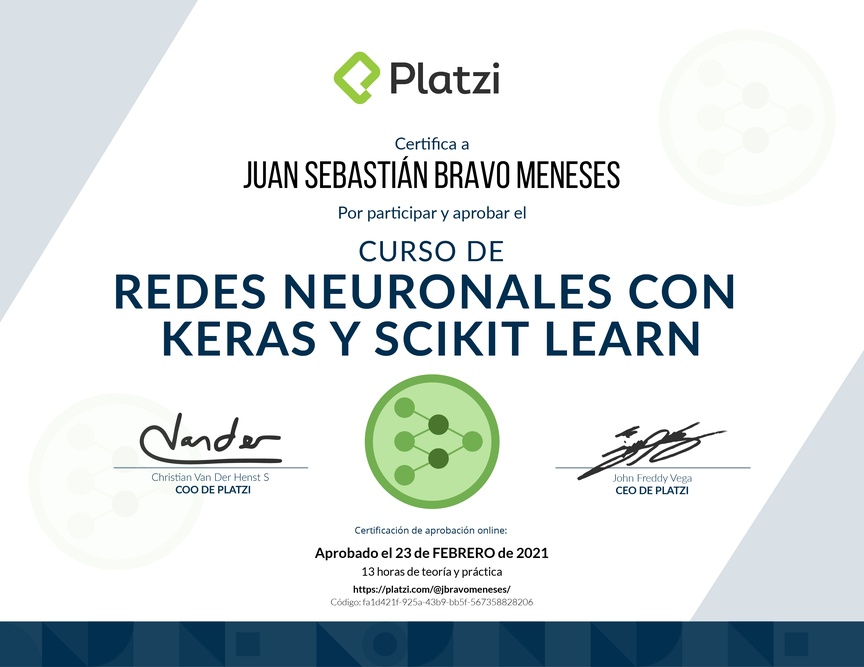 Diploma del Curso de Redes Neuronales en Keras y Scikit-Learn 2019