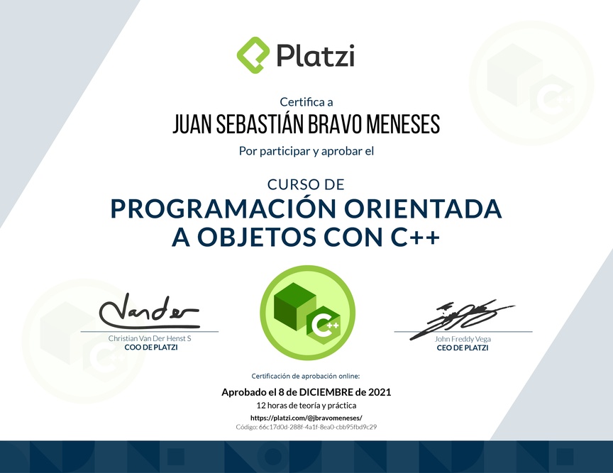 Diploma del Curso de Programación Orientada a Objetos con C++
