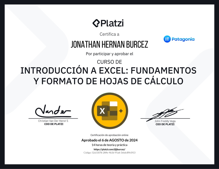 Diploma del Curso de Introducción a Excel para Principiantes: Fundamentos y Formato de Hojas de Cálculo