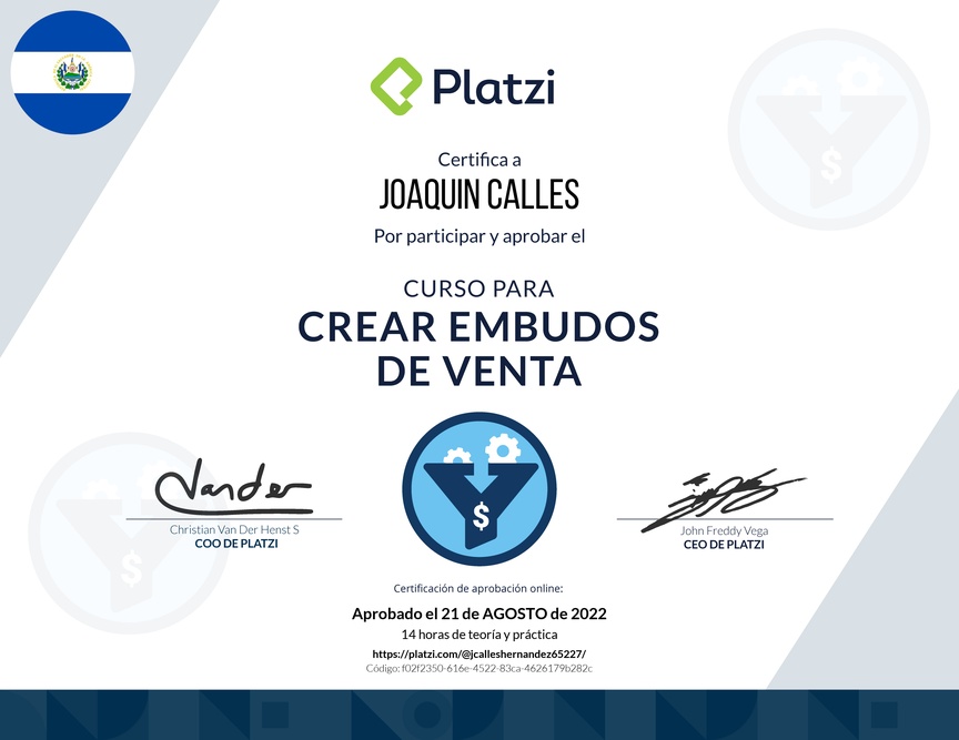 Diploma del Curso de Creación y Optimización de Embudos de Venta (2022)