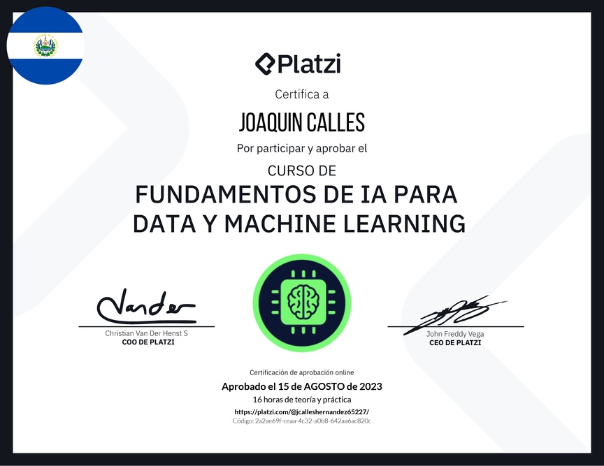Diploma del Curso de Fundamentos de AI para Data y Machine Learning