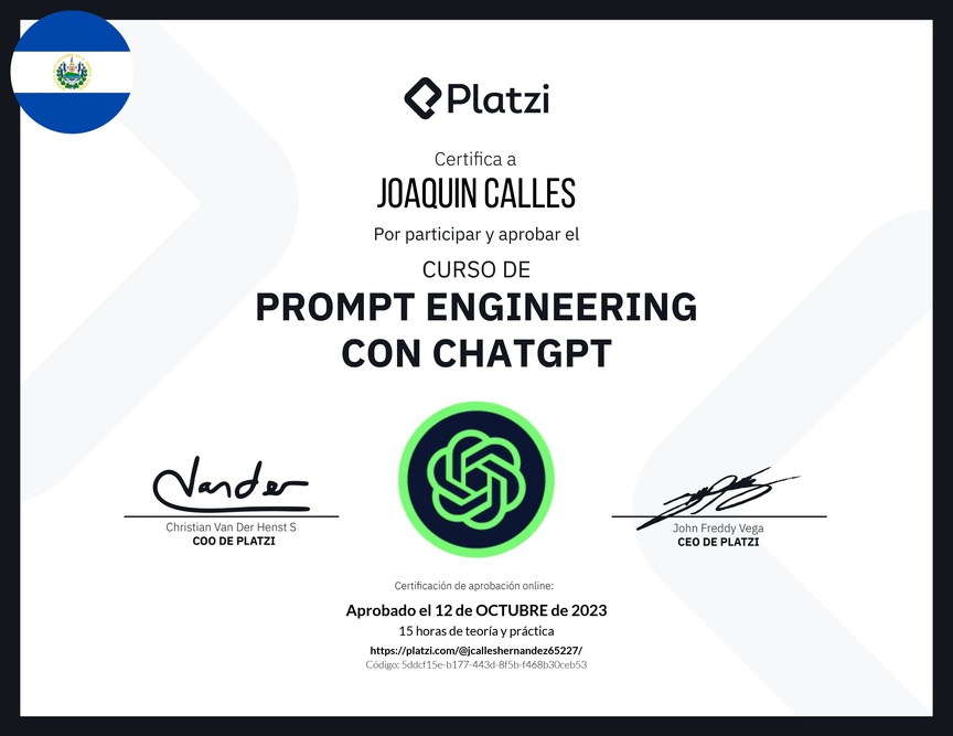 Diploma del Curso de Prompt Engineering con ChatGPT
