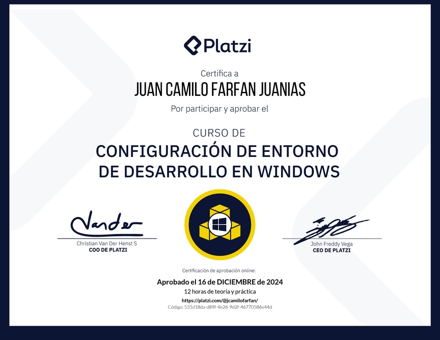 Diploma del Curso de Configuración de Entorno de Desarrollo en Windows