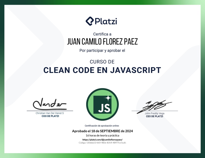 Diploma del Curso de Clean Code y Buenas Prácticas con JavaScript