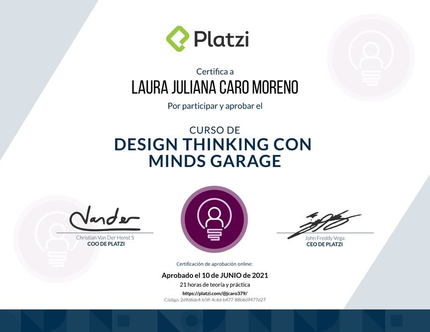 Diploma del Curso de Design Thinking con Minds Garage