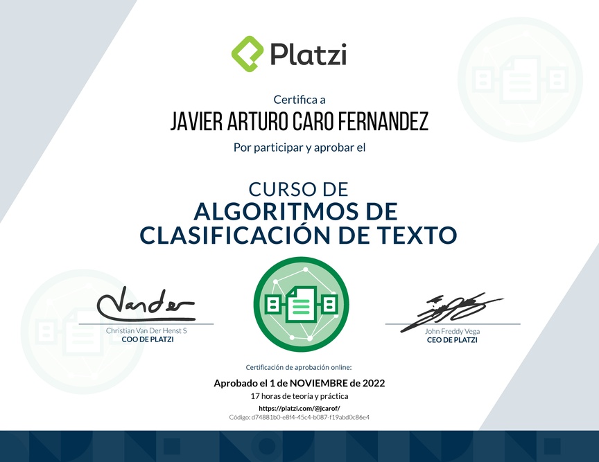 Diploma del Curso de Algoritmos de Clasificación de Texto